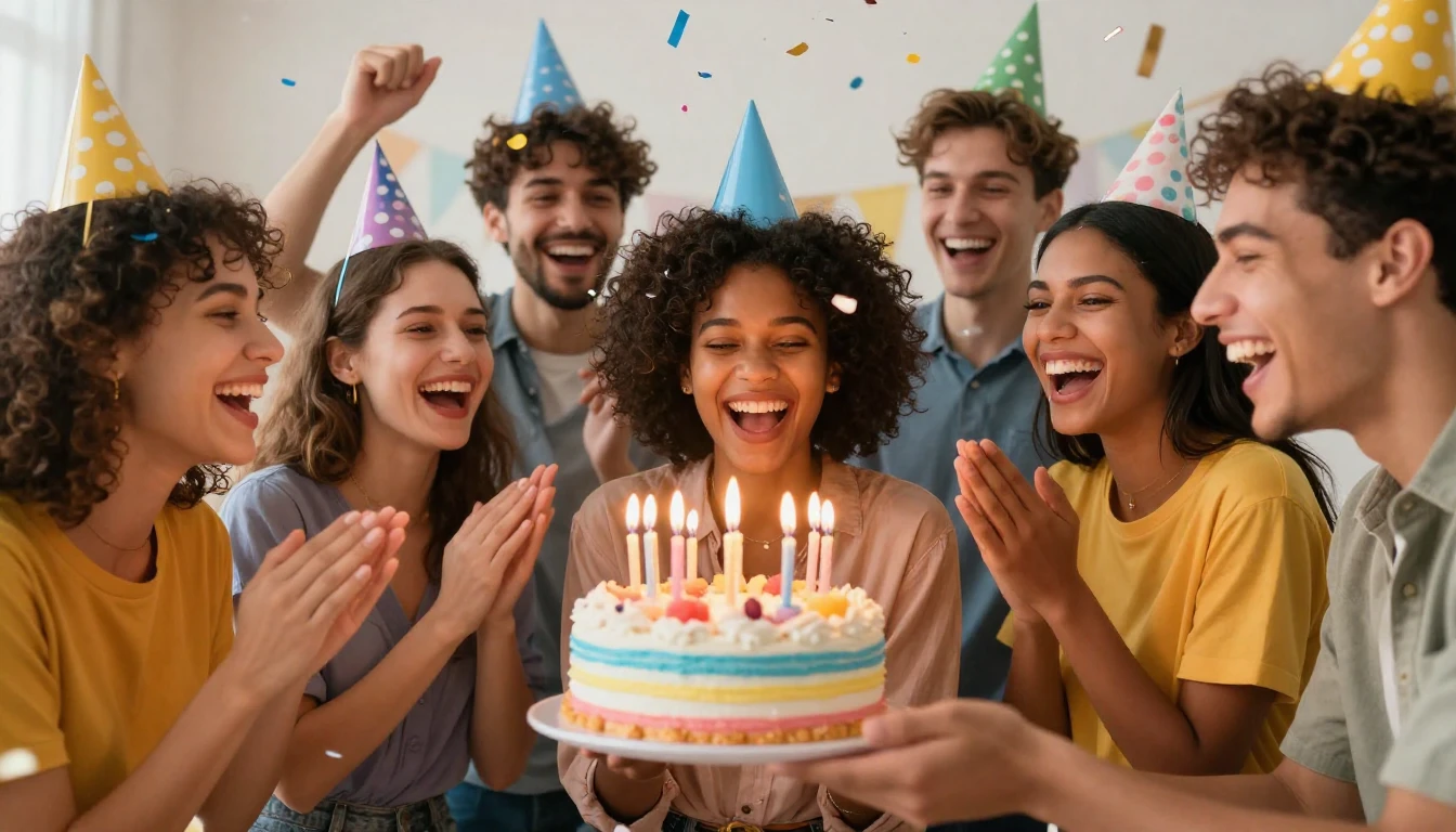 A joyful birthday celebration scene with a group of diverse ...