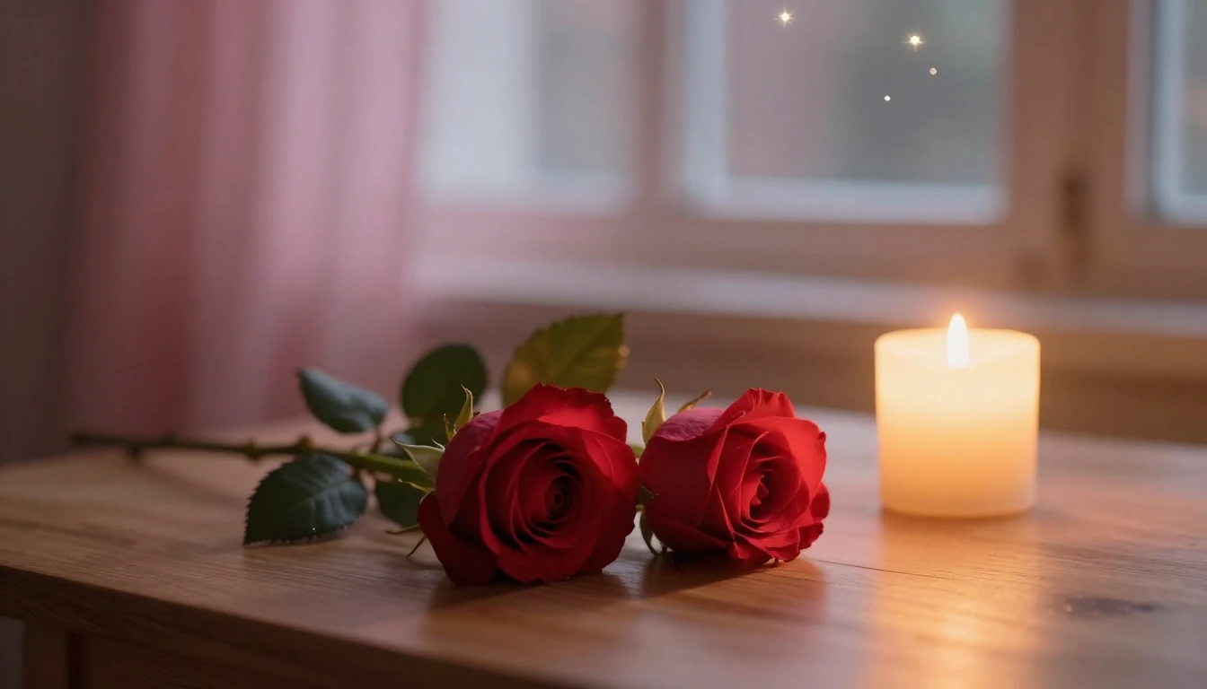 A soft and ethereal scene featuring two delicate red roses r...