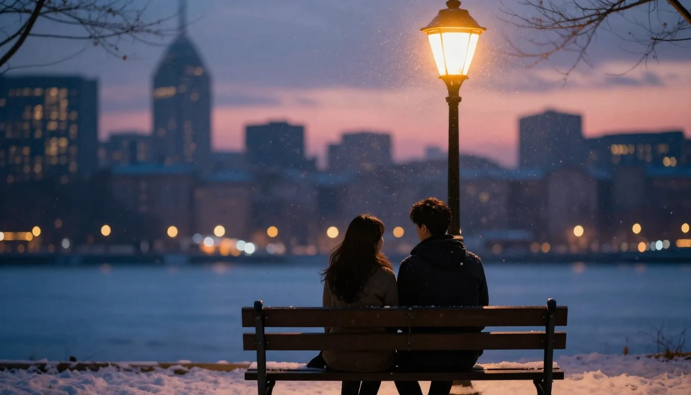 A romantic, soft composition showing two silhouettes sitting...