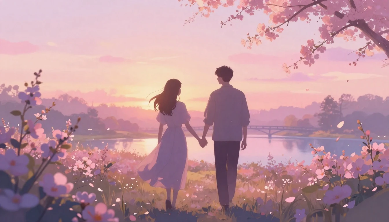 A soft and ethereal scene depicting two silhouettes walking ...