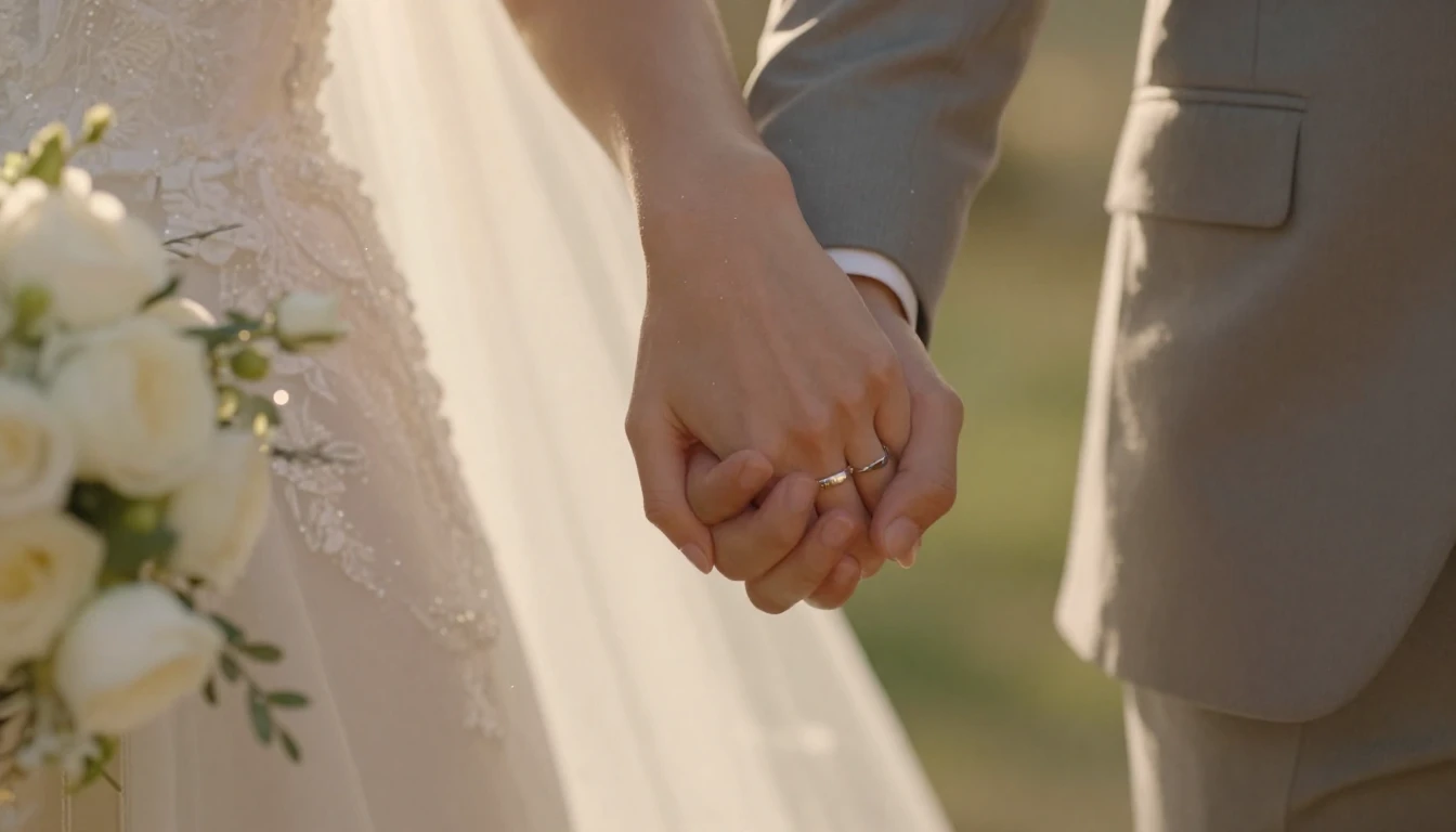 Cinematic close-up shot of a bride and groom holding hands, ...