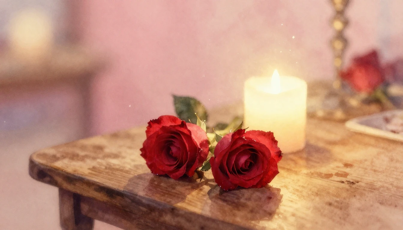 A soft watercolor painting of two delicate red roses resting...