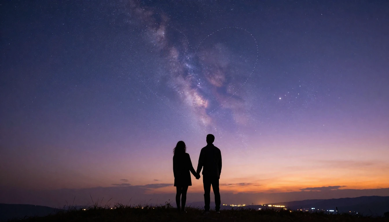 A cinematic wide shot of a silhouette of a couple holding ha...