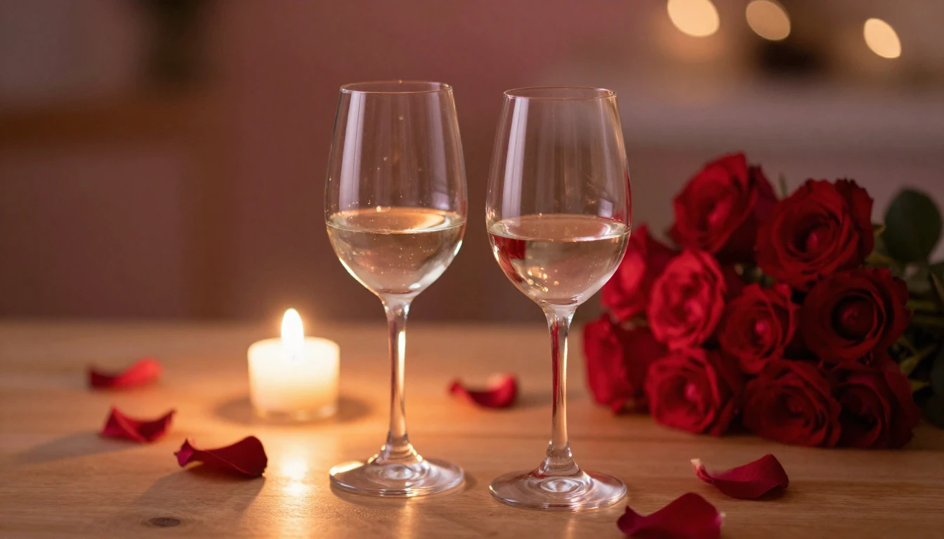 A delicate and romantic scene featuring two elegant wine gla...