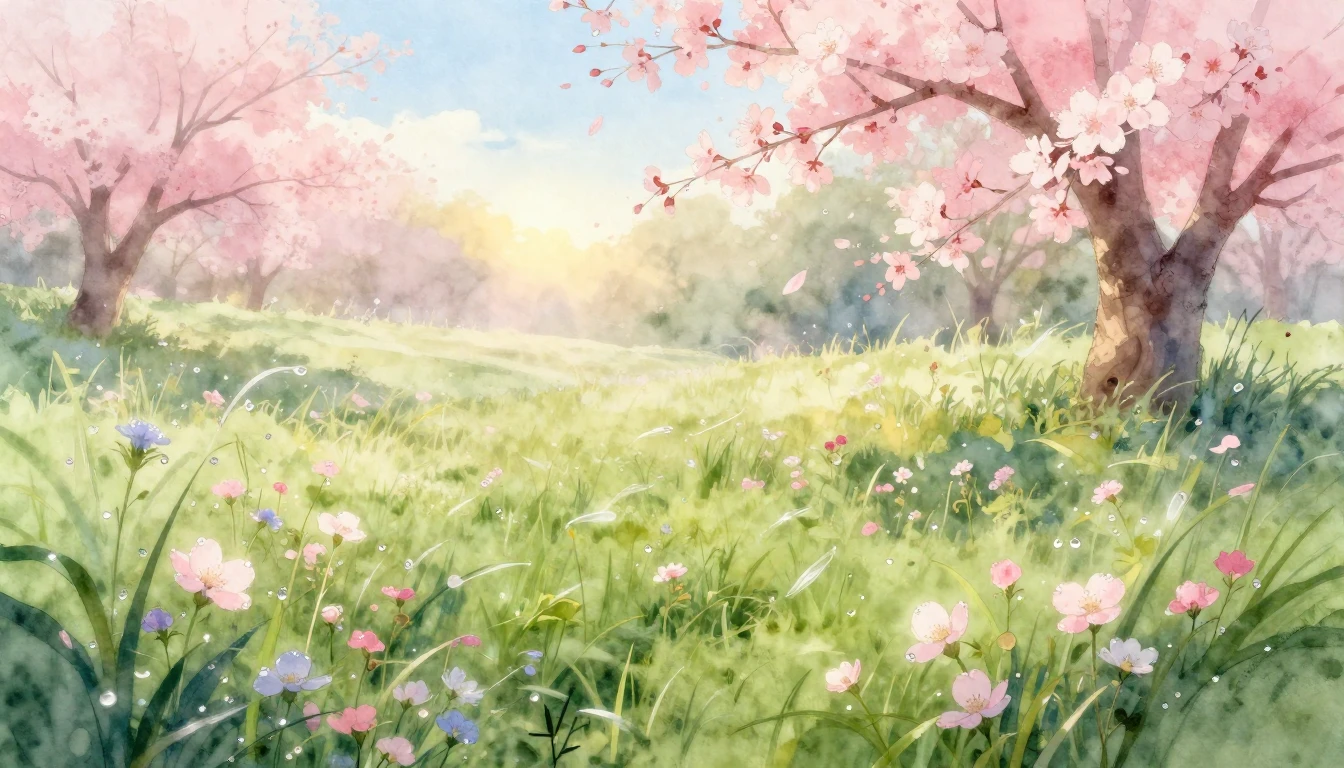 A beautiful watercolor painting of a lush spring meadow at d...