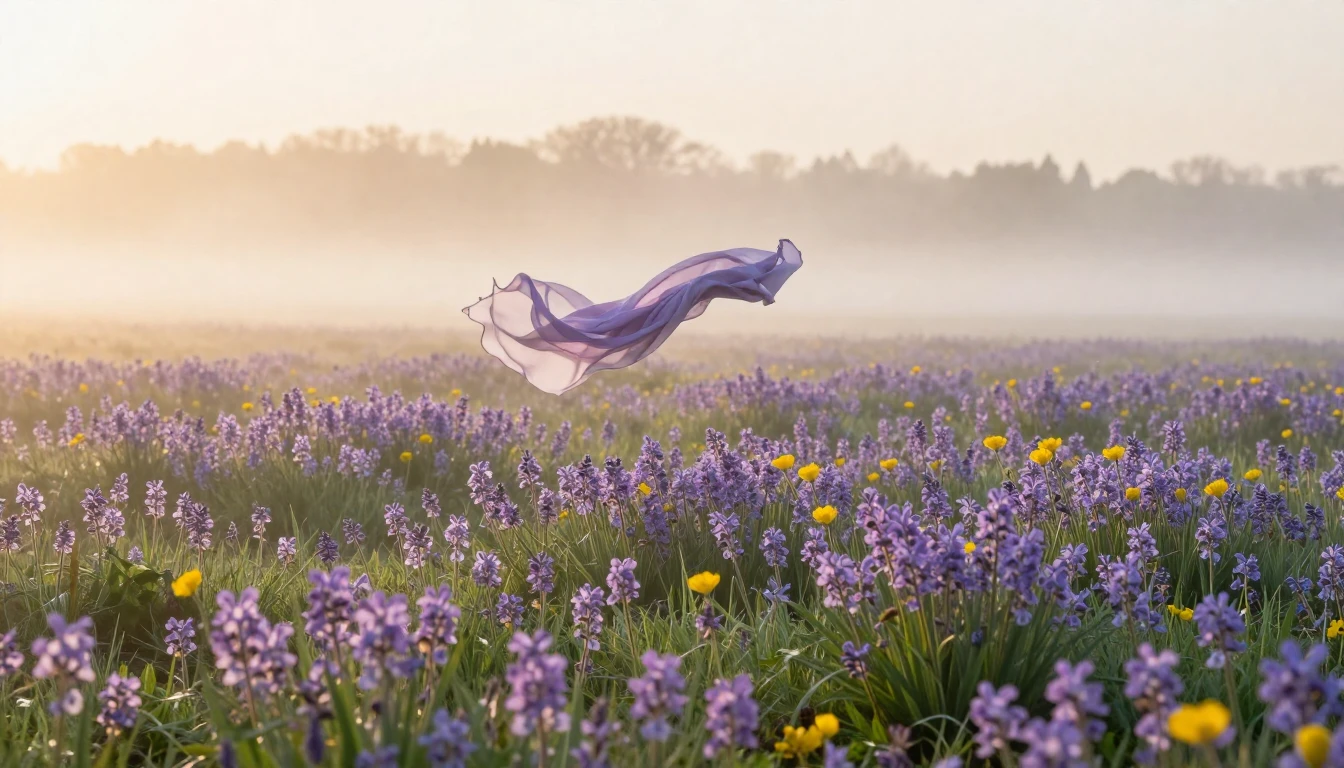A breathtaking landscape at dawn featuring a field of bloomi...