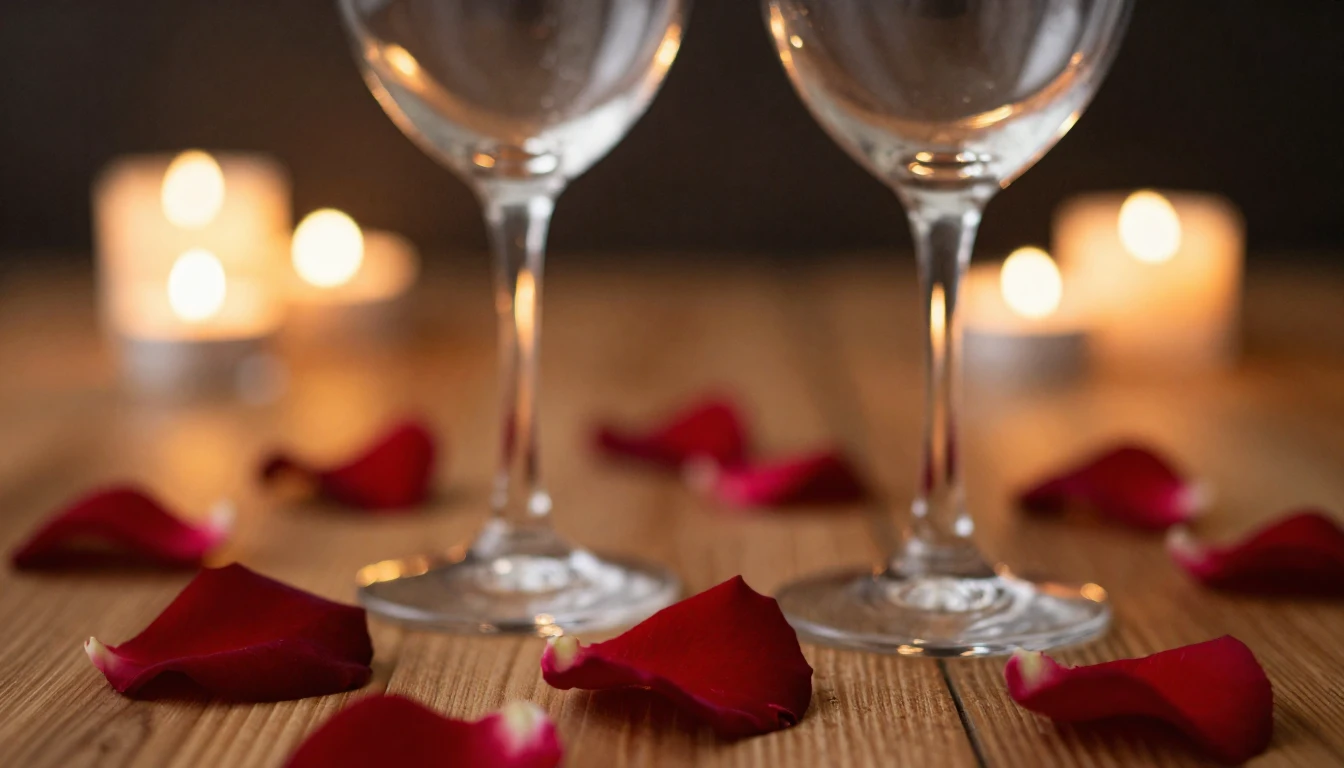 A close-up shot of two elegant wine glasses on a wooden tabl...