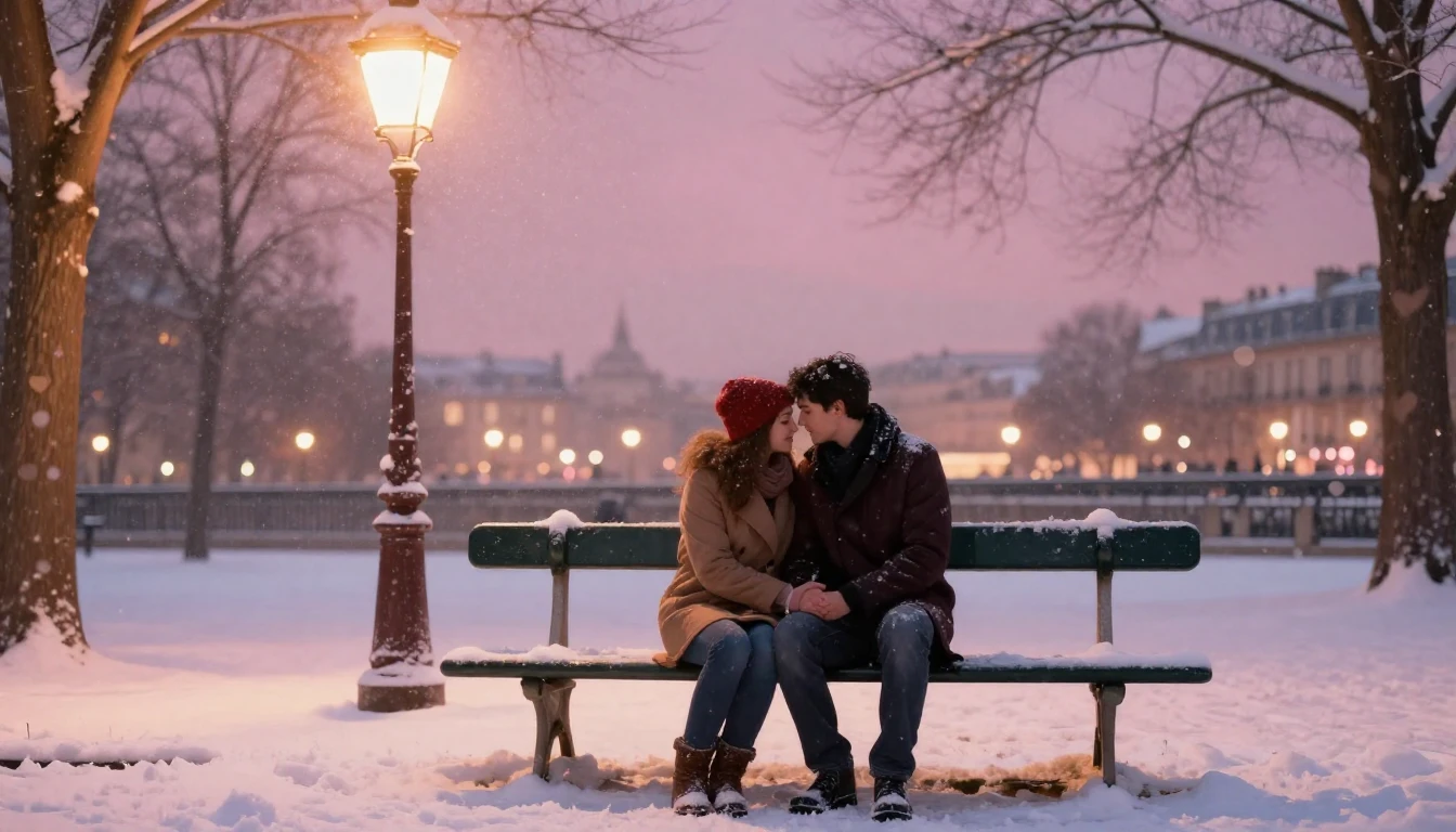 A romantic and dreamy scene depicting a couple sitting close...