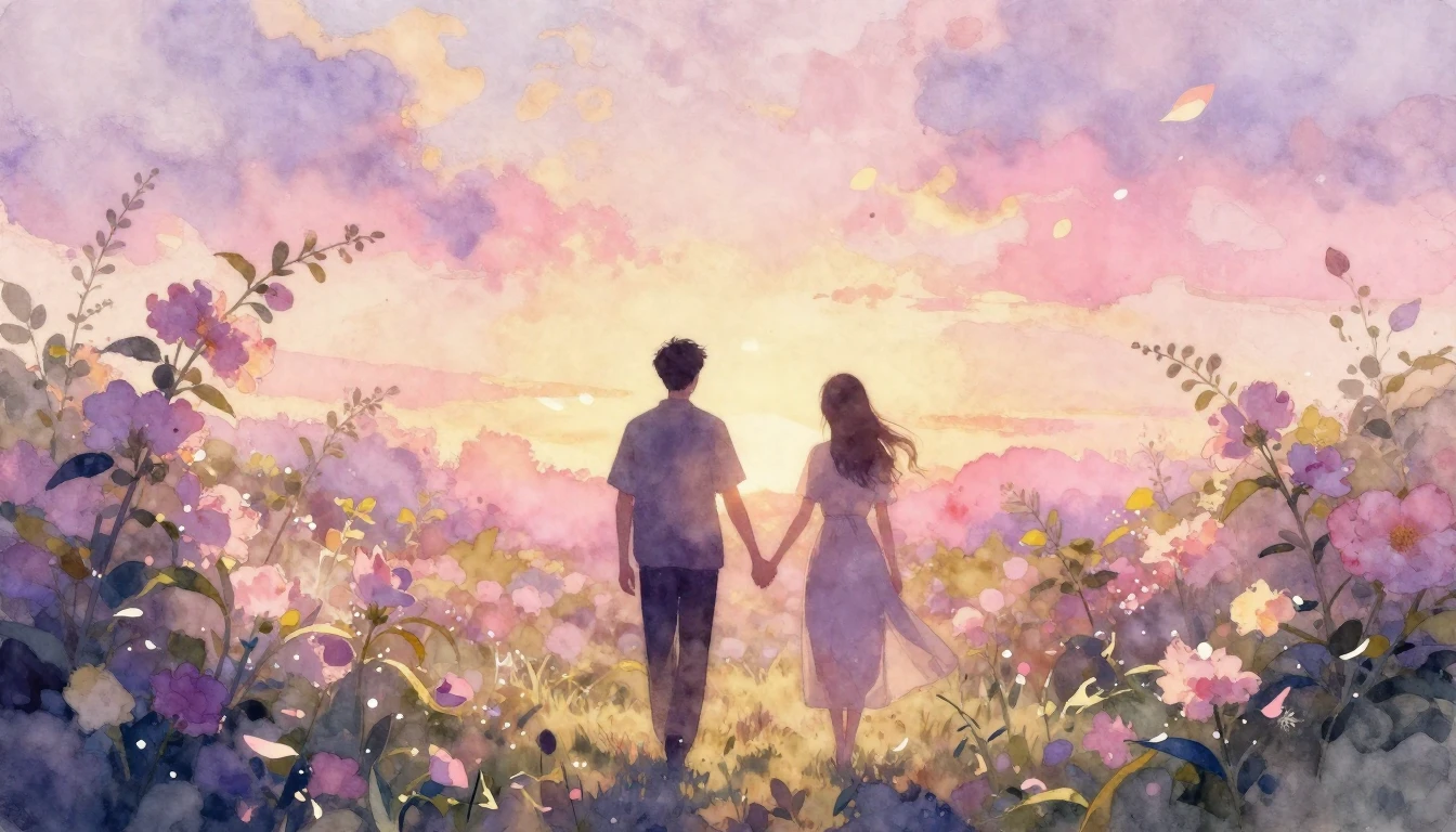 A dreamlike watercolor painting of two silhouettes walking h...