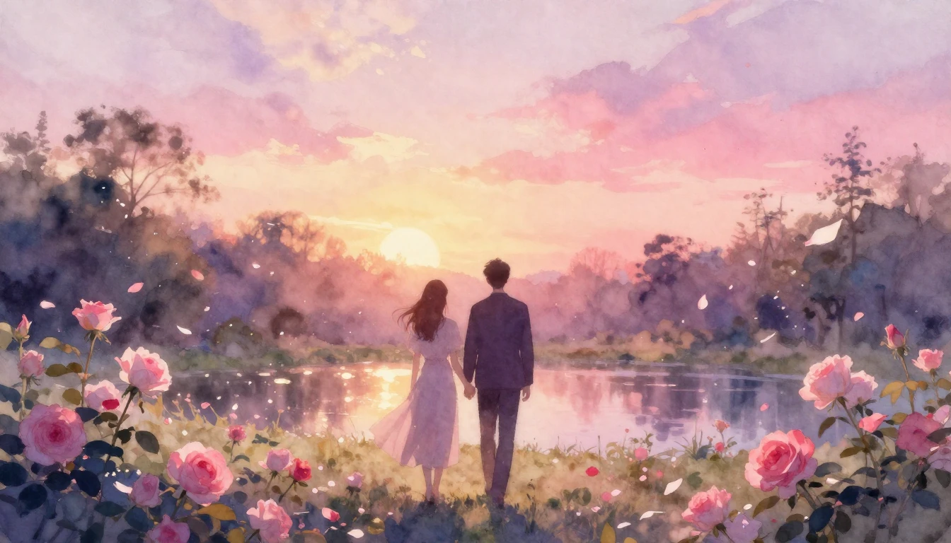 A soft watercolor painting depicting two silhouettes of peop...