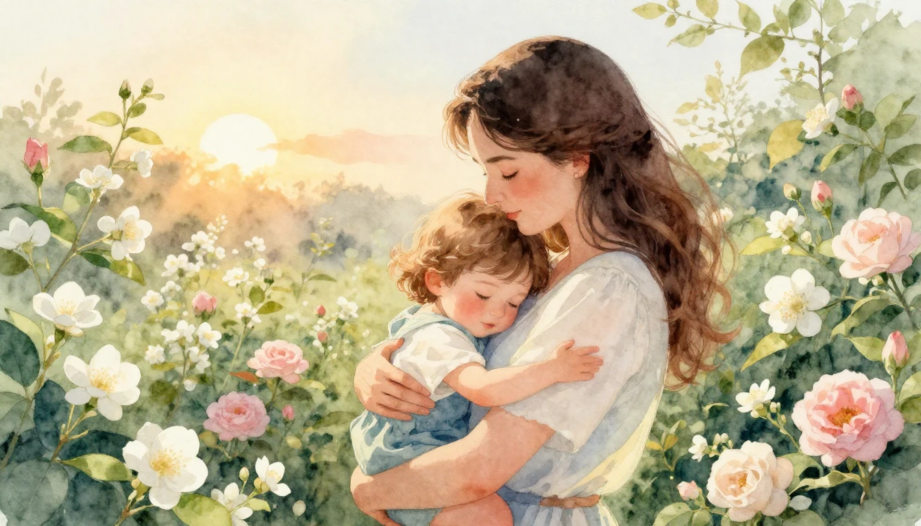 A heartwarming and tender watercolor illustration of a mothe...