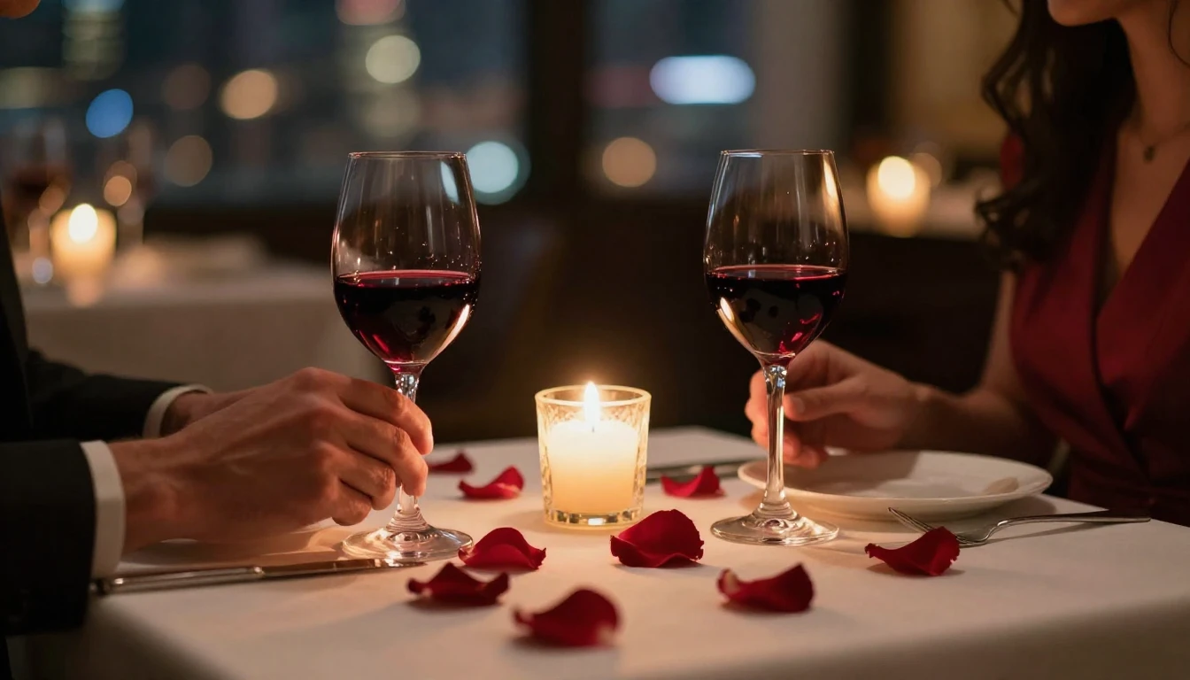 A close-up shot of a beautifully set dinner table for two in...
