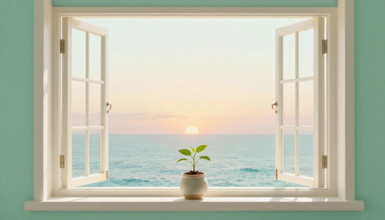 A clean and serene composition featuring a single open windo...