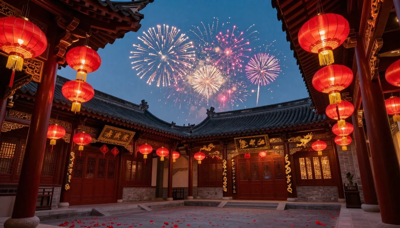 A breathtaking scene of a traditional Chinese courtyard deco...