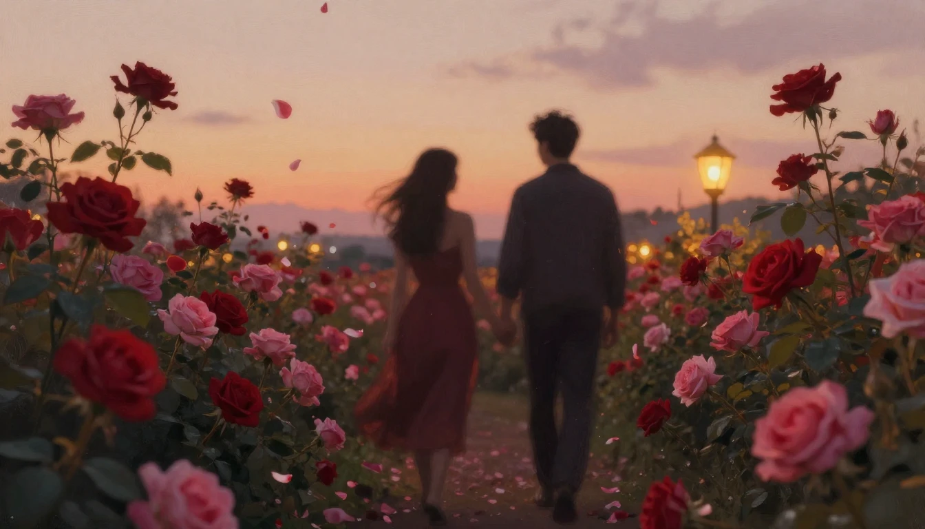 A dreamy and ethereal scene of two silhouettes walking throu...