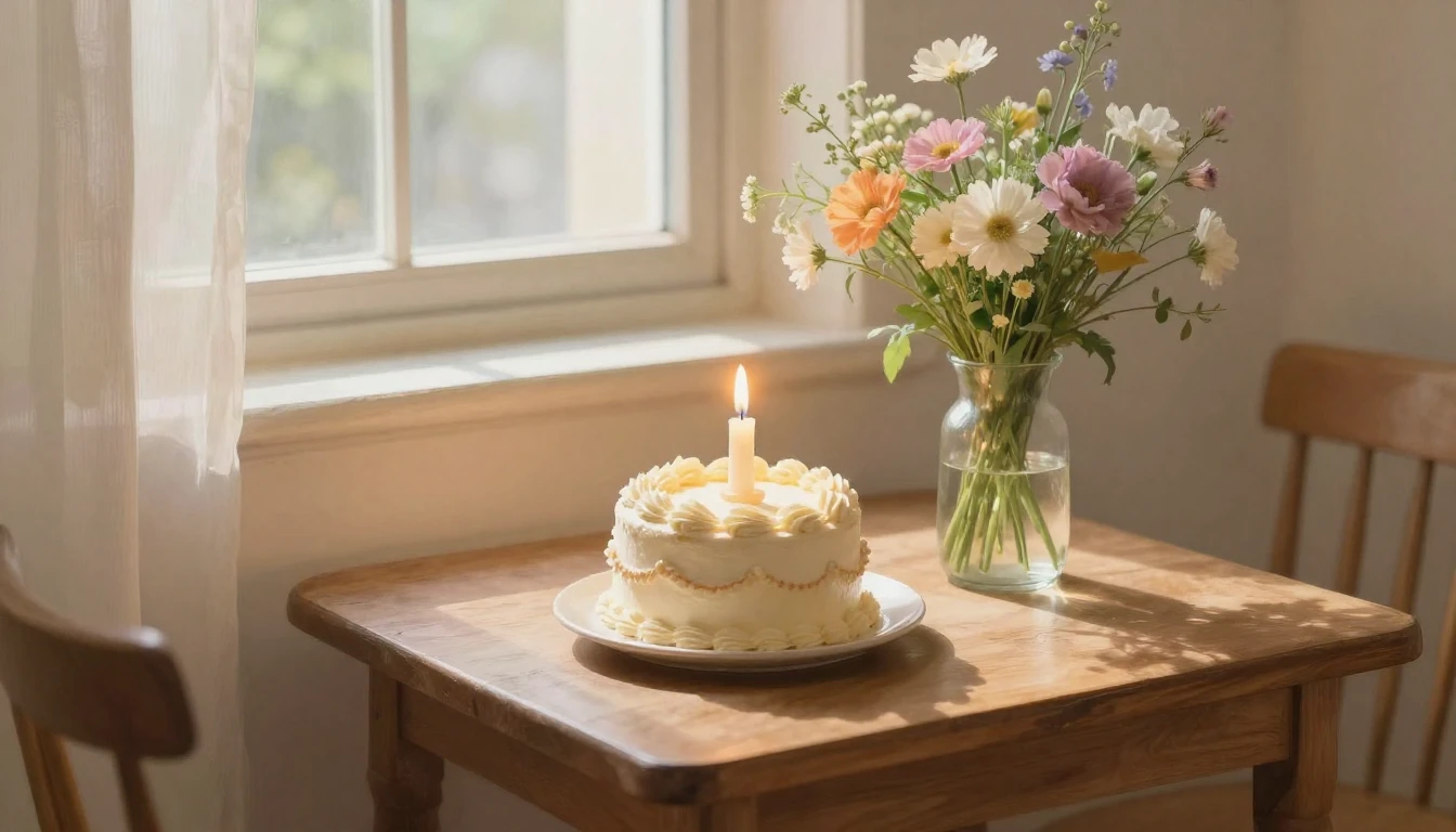 A cozy indoor scene featuring a small wooden table with a si...