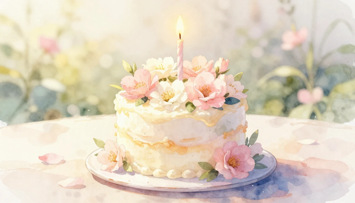 A beautiful watercolor painting of a small, elegant birthday...