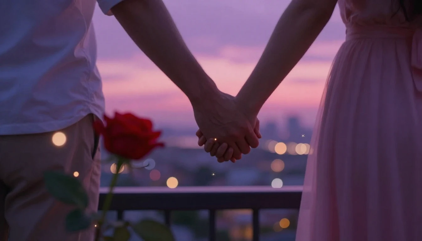 A romantic and dreamy scene featuring a couple holding hands...
