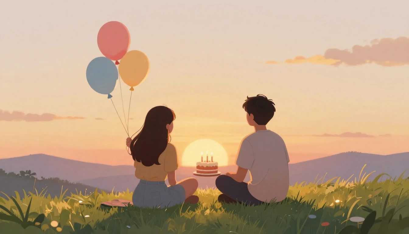 A heartwarming illustration of two friends sitting on a gras...