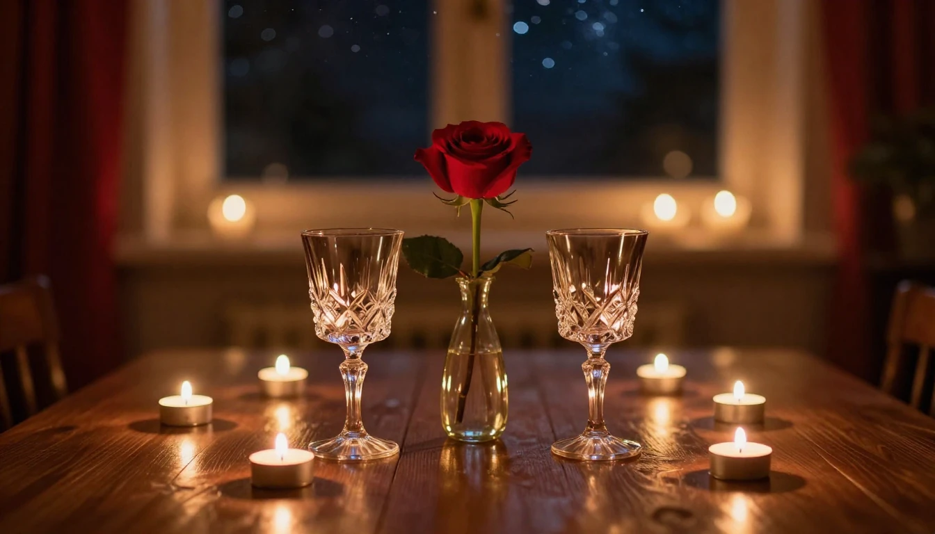 An intimate indoor setting for a romantic evening. A polishe...
