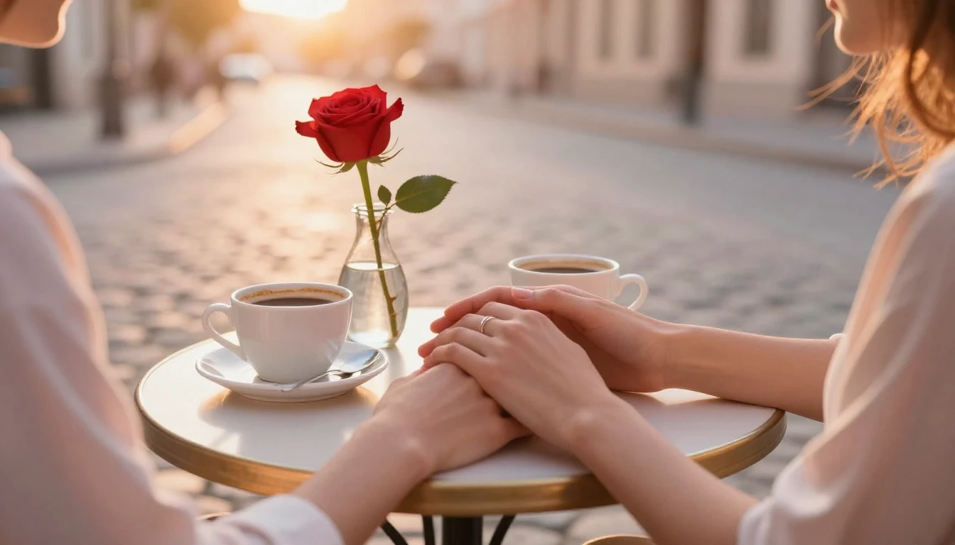 A romantic and intimate scene showing a close-up of two hand...