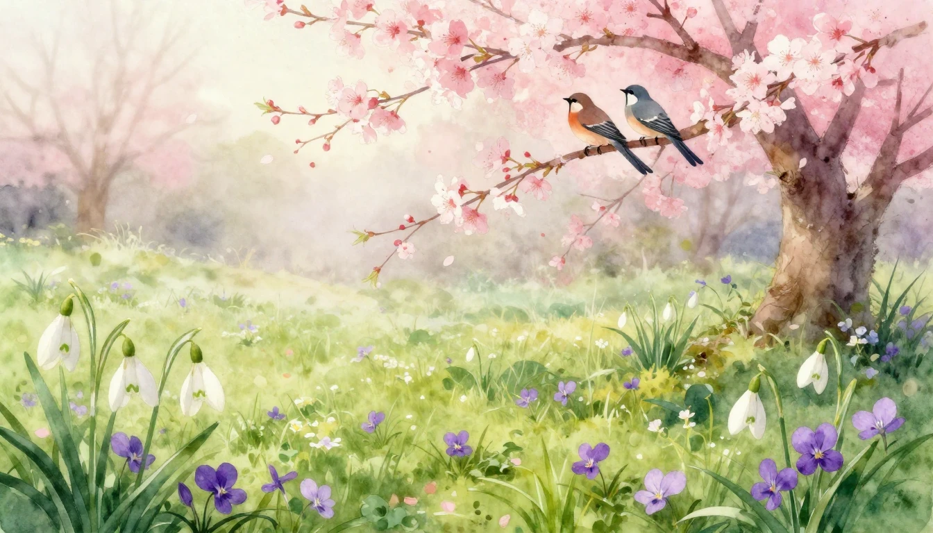 A breathtaking watercolor painting of a lush, blooming meado...