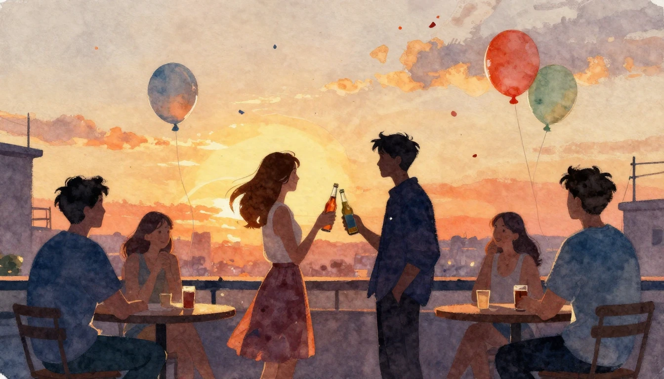 A heartwarming watercolor painting of a group of friends cel...