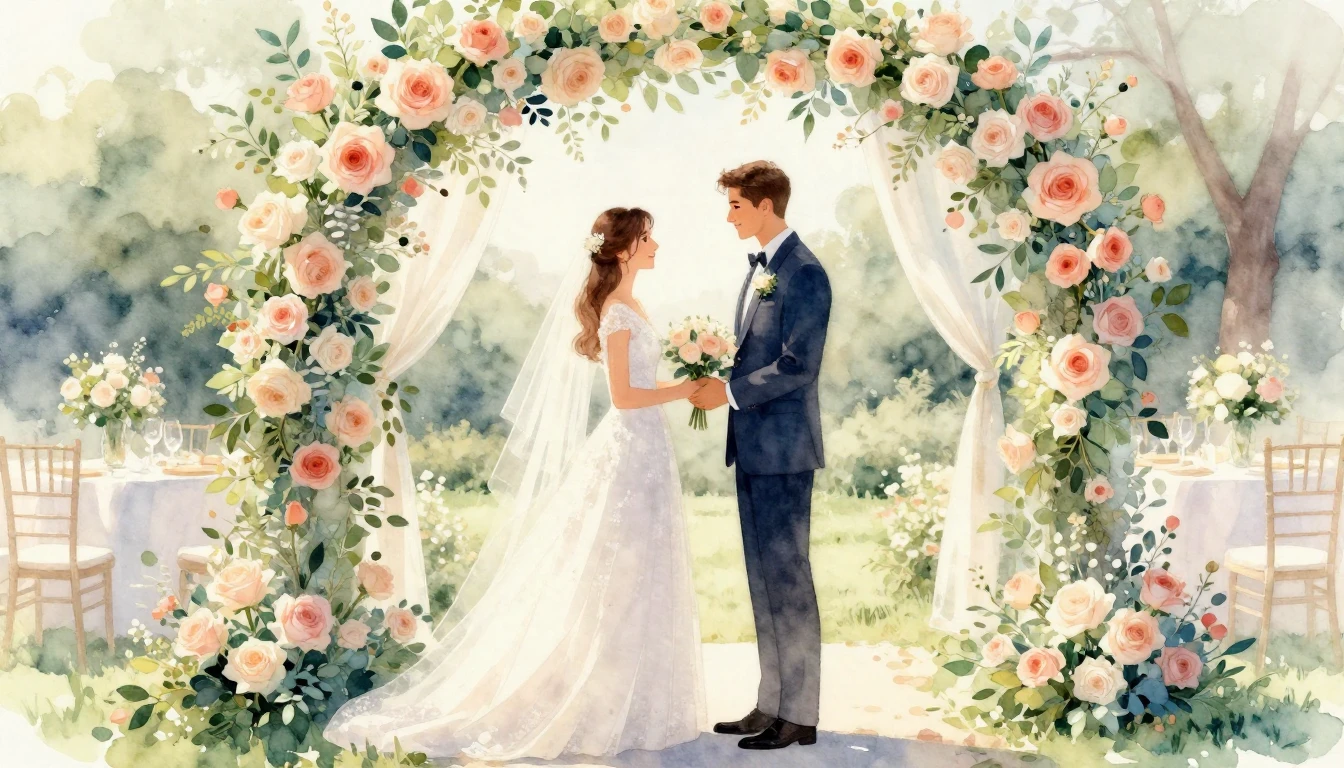 A romantic watercolor painting of a wedding celebration. A b...
