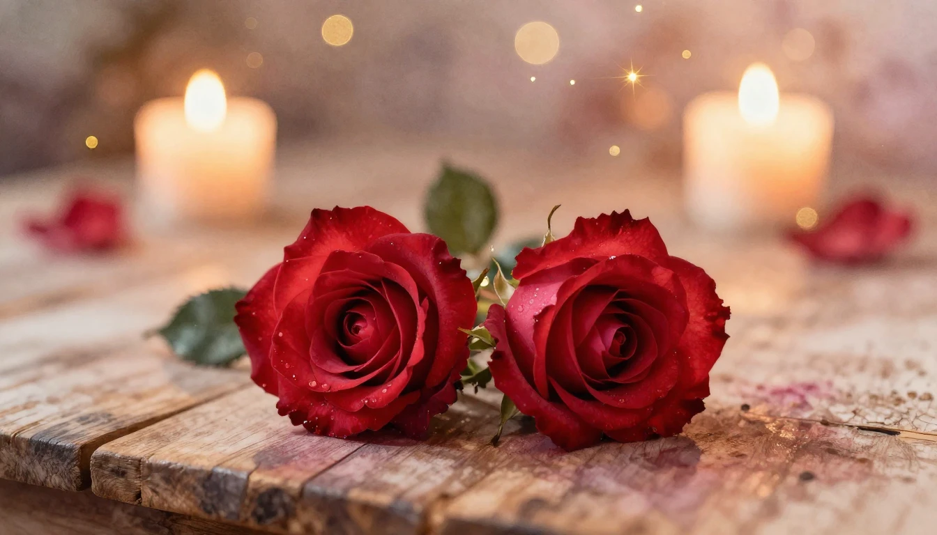 A soft watercolor painting of two delicate red roses intertw...