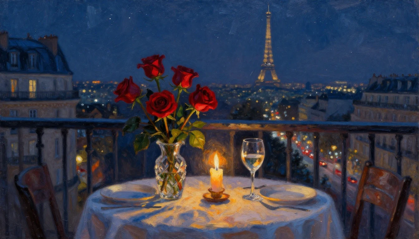 An impressionist oil painting of a candlelit dinner table se...