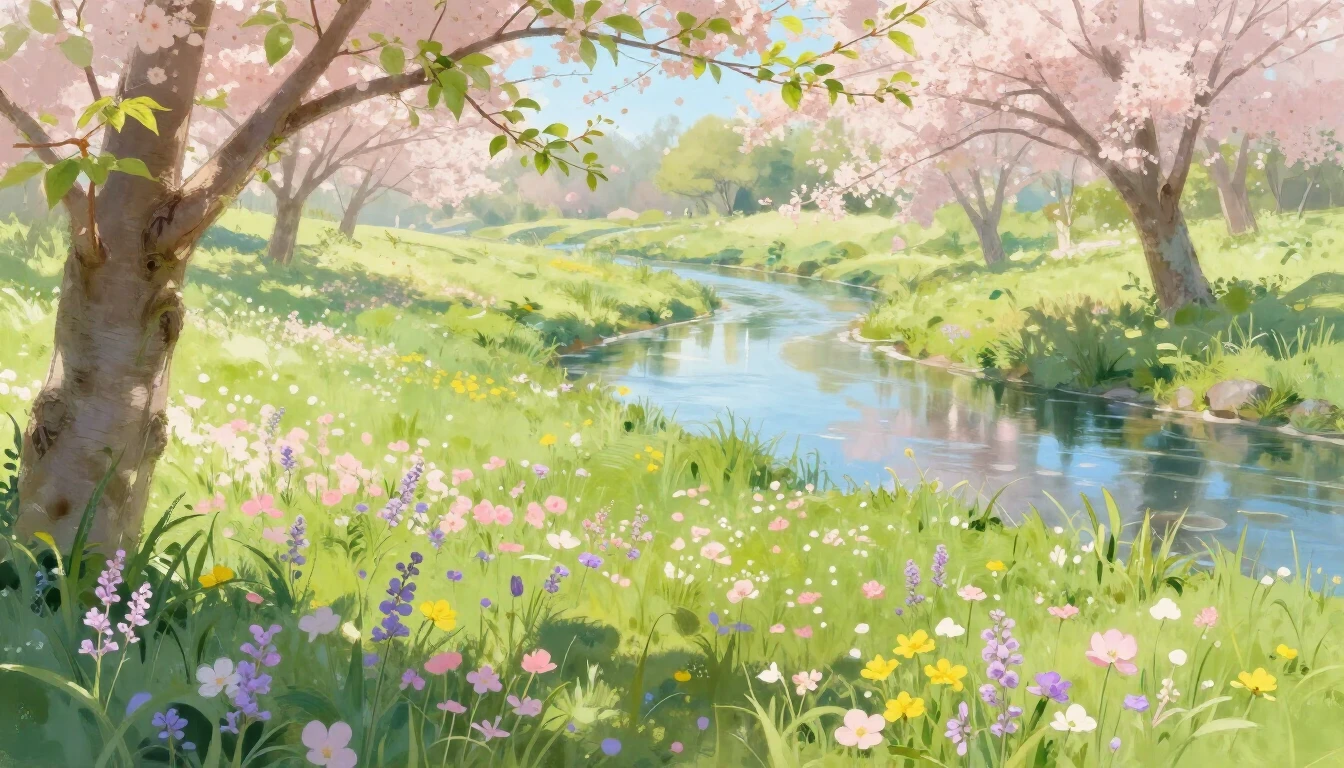 A serene spring landscape featuring a lush green meadow fill...