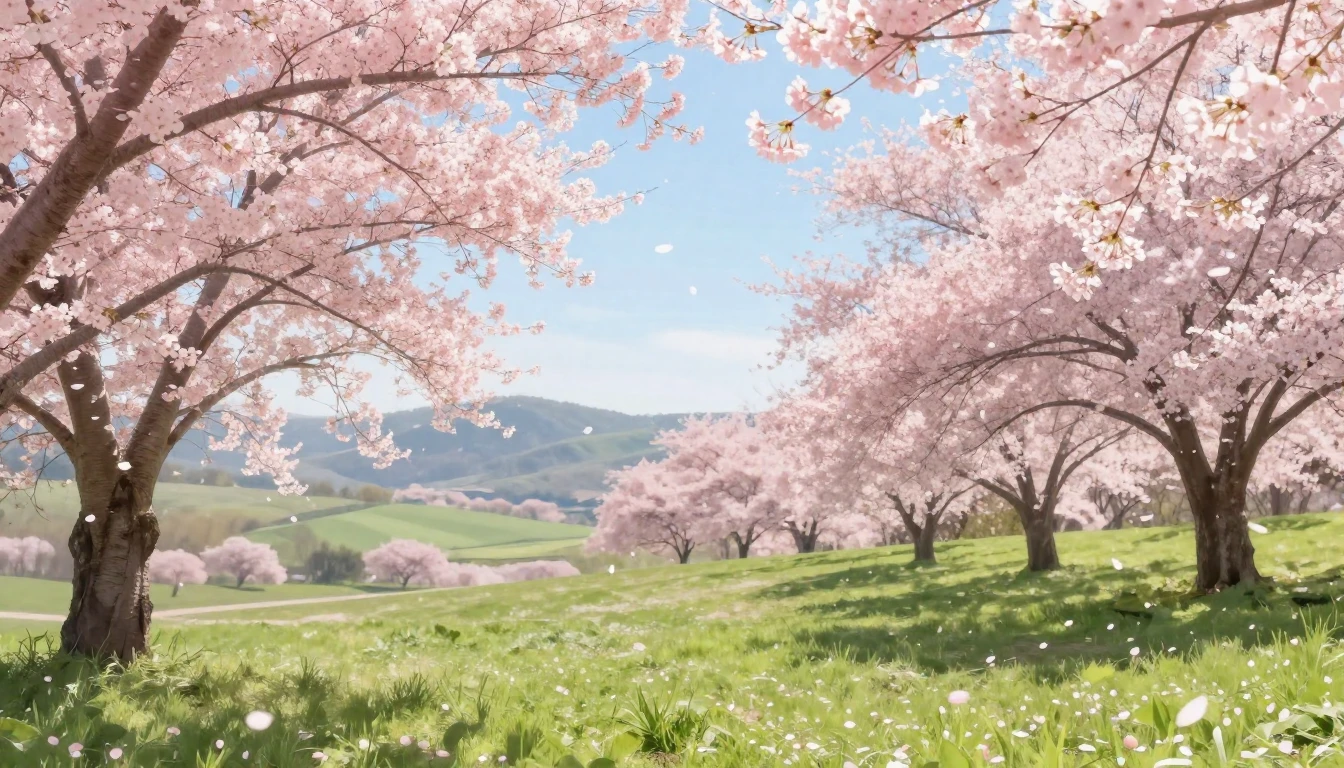 A beautiful spring landscape featuring blooming cherry bloss...