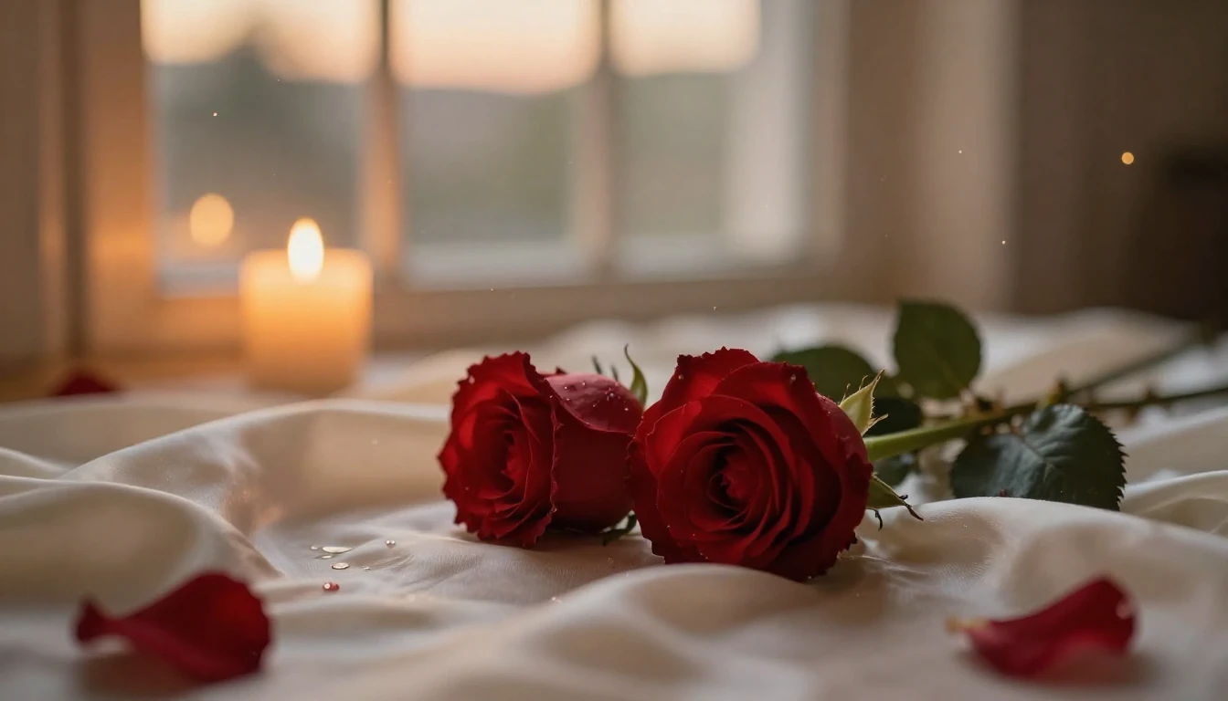 A serene and romantic scene featuring two delicate red roses...