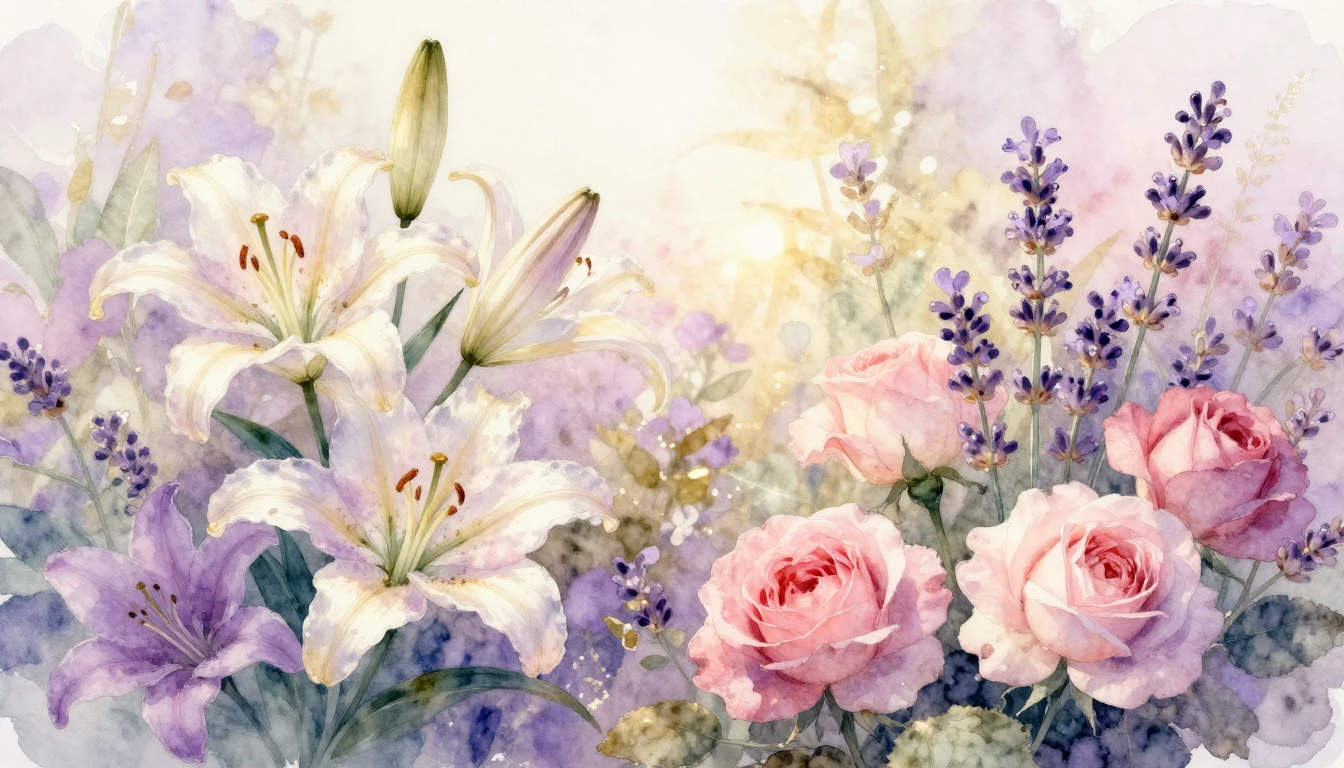 A delicate watercolor painting of a blooming garden with var...