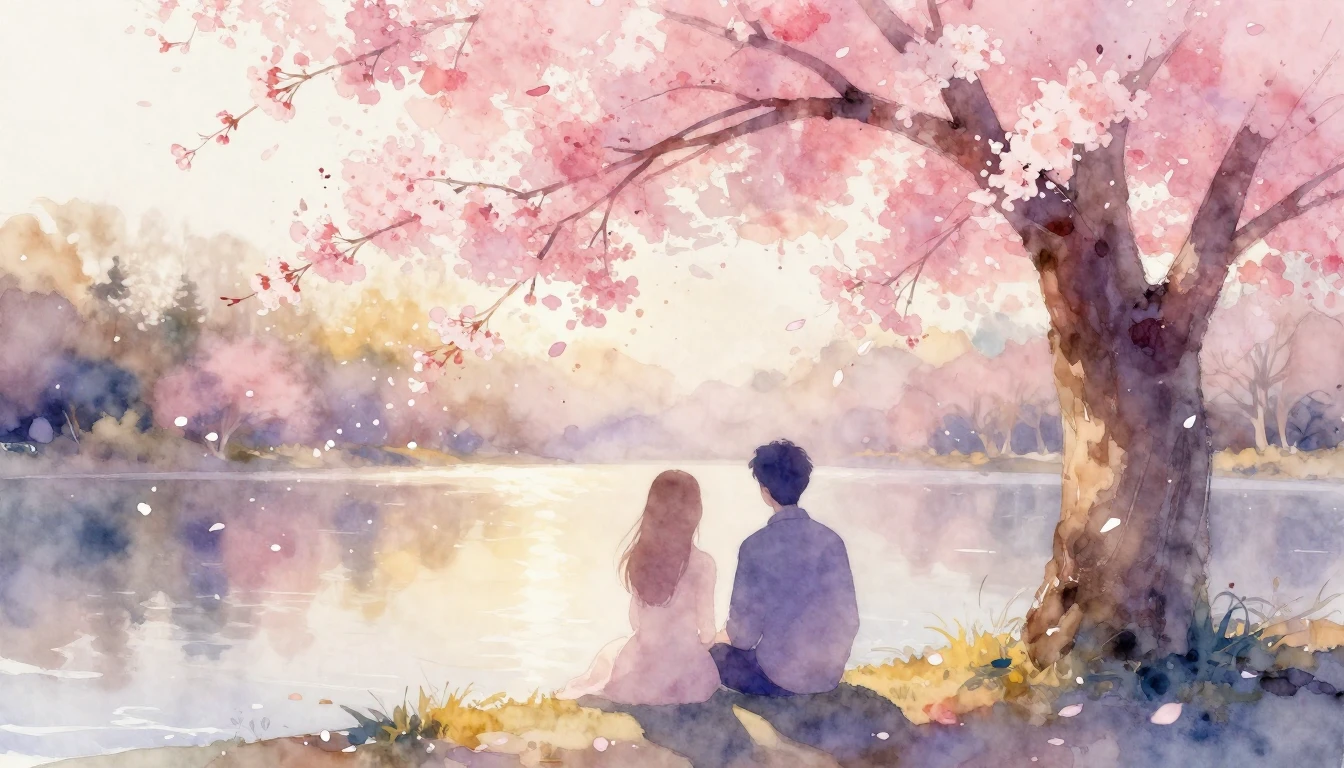 A dreamy watercolor painting of two abstract silhouettes sit...