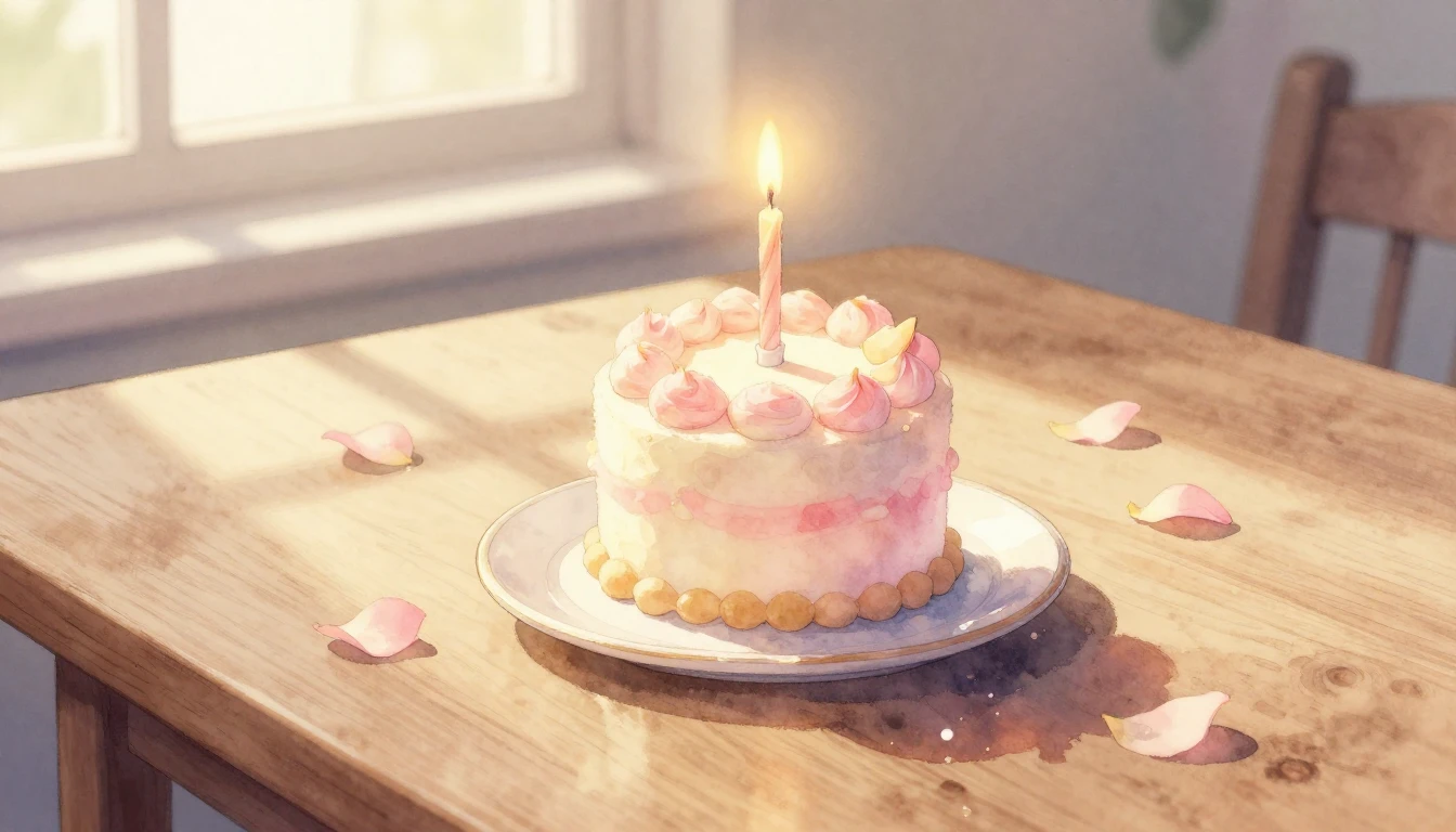 A beautiful watercolor painting of a small, elegant cake wit...