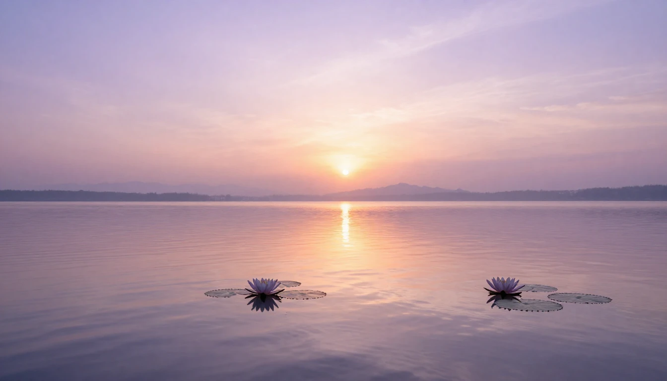 A serene landscape featuring a calm lake reflecting a soft s...