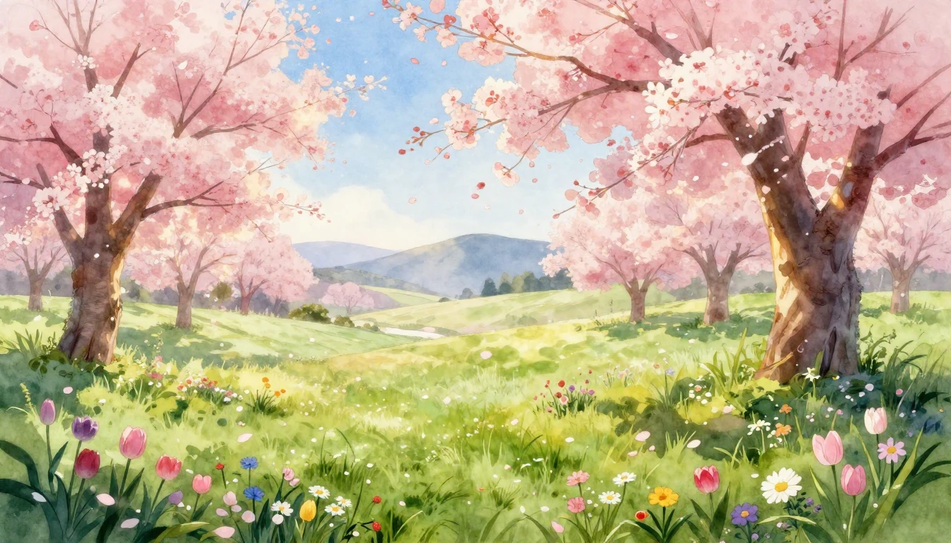 A breathtaking watercolor painting of a lush meadow at dawn ...