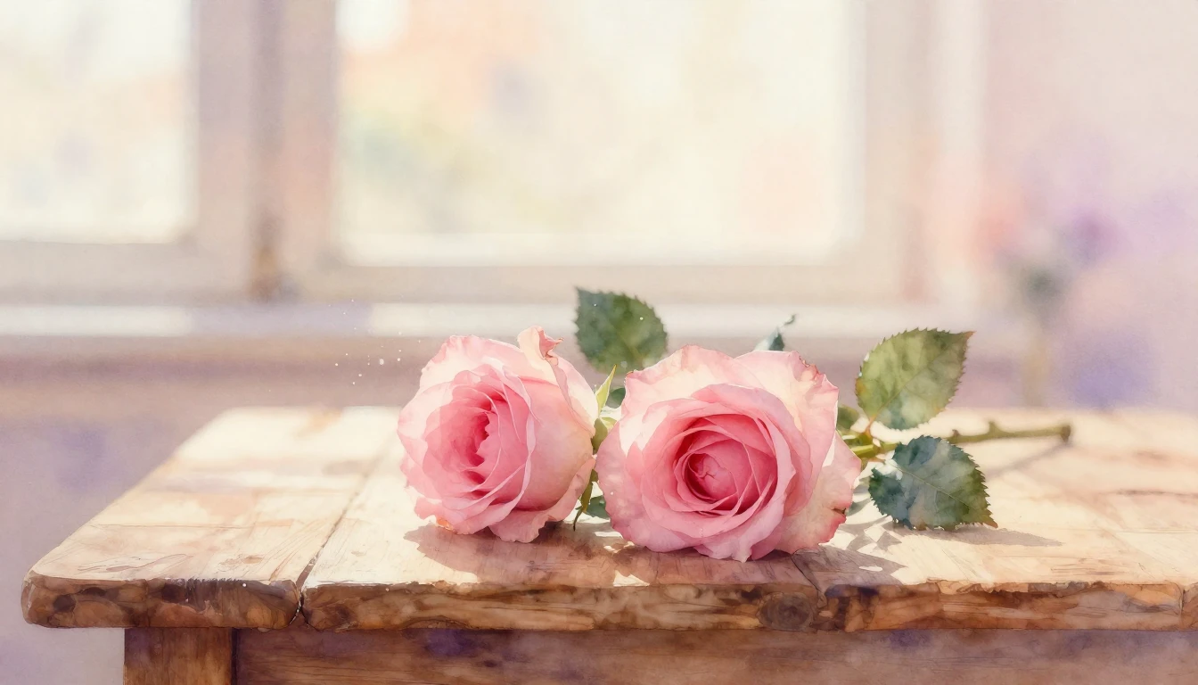 A soft and ethereal watercolor painting of two delicate pink...