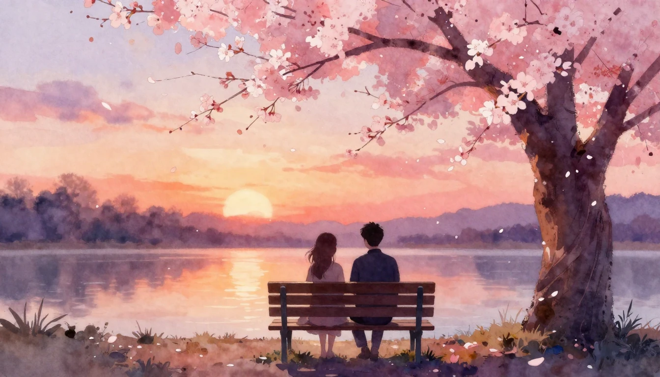 A soft watercolor painting of two silhouettes sitting togeth...
