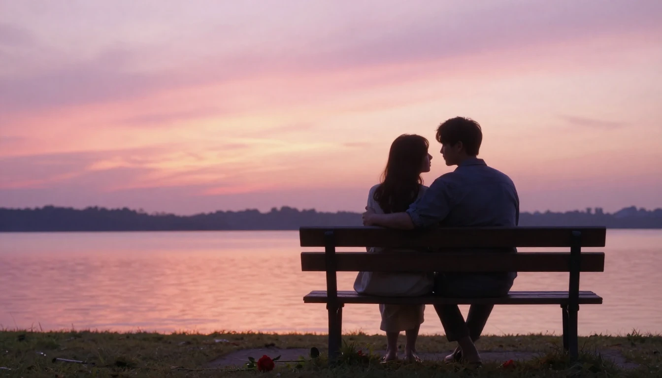 A soft and dreamy romantic scene featuring a silhouette of a...