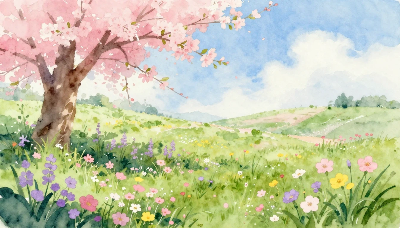 A beautiful watercolor painting of a lush spring meadow fill...