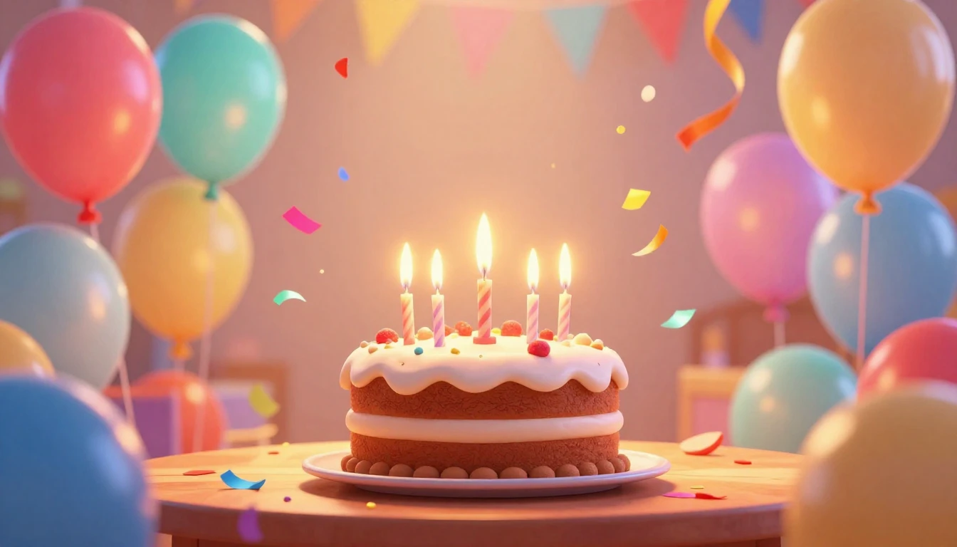 A vibrant and joyful birthday party scene in a 3D animation ...