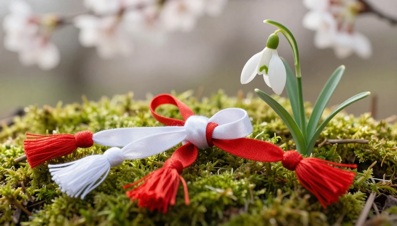 A close-up artistic composition of a traditional Mărțișor sy...