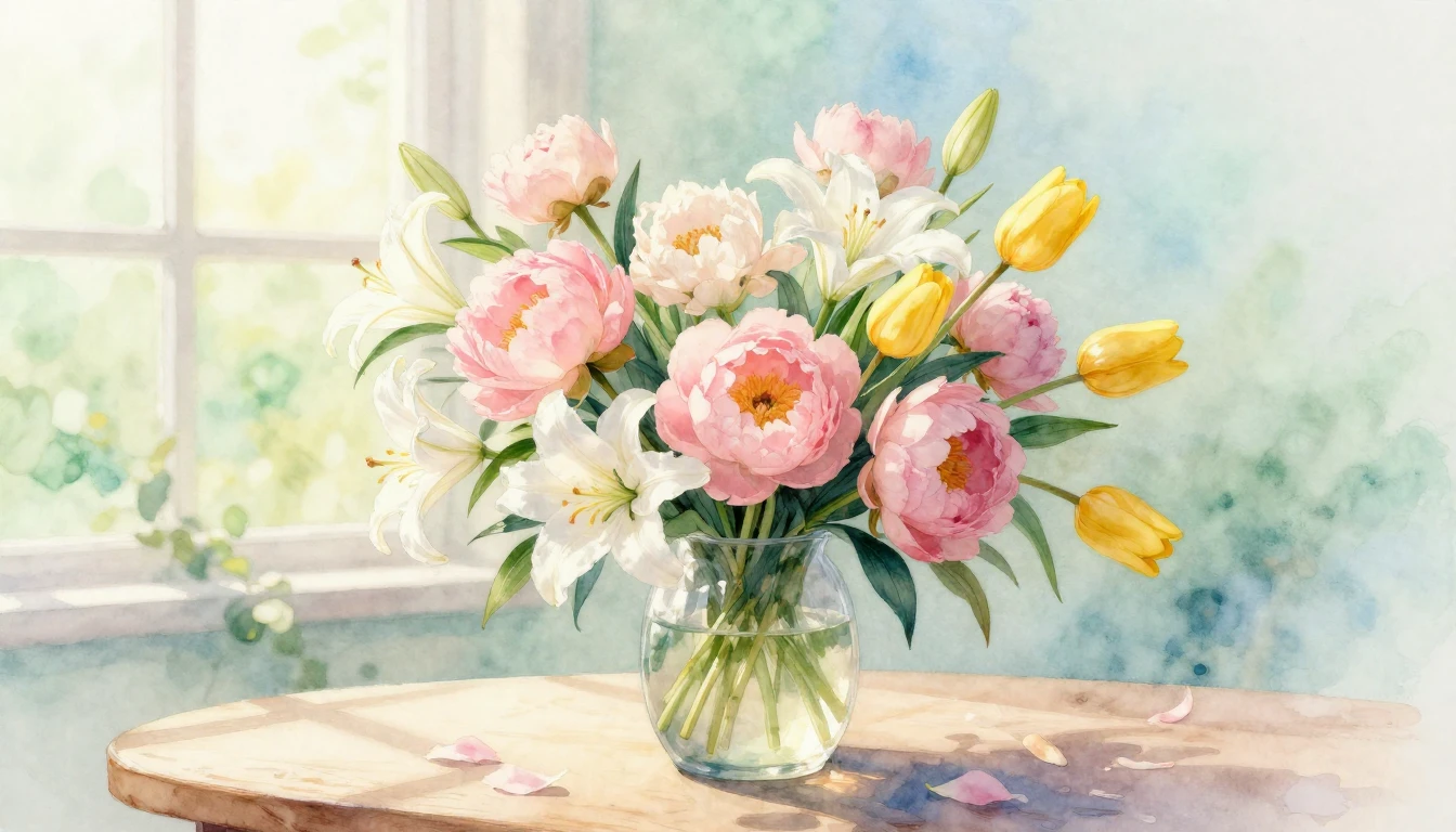 A beautiful and delicate watercolor painting of a lush sprin...