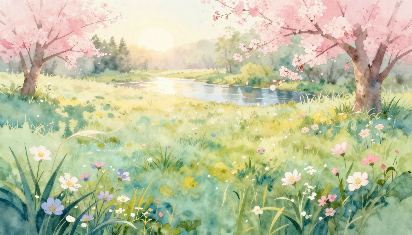 A serene watercolor painting of a lush spring meadow at sunr...