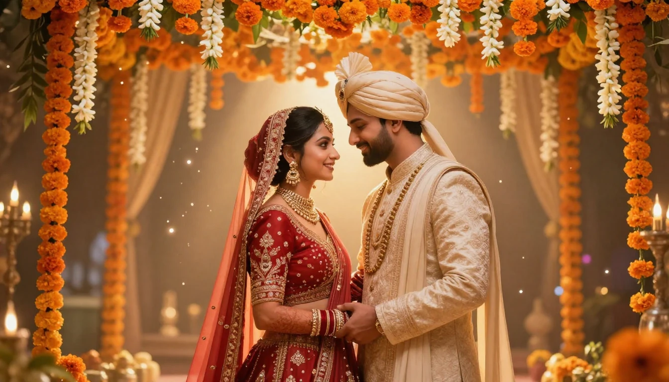 A stunning digital art illustration of a newlywed Indian cou...