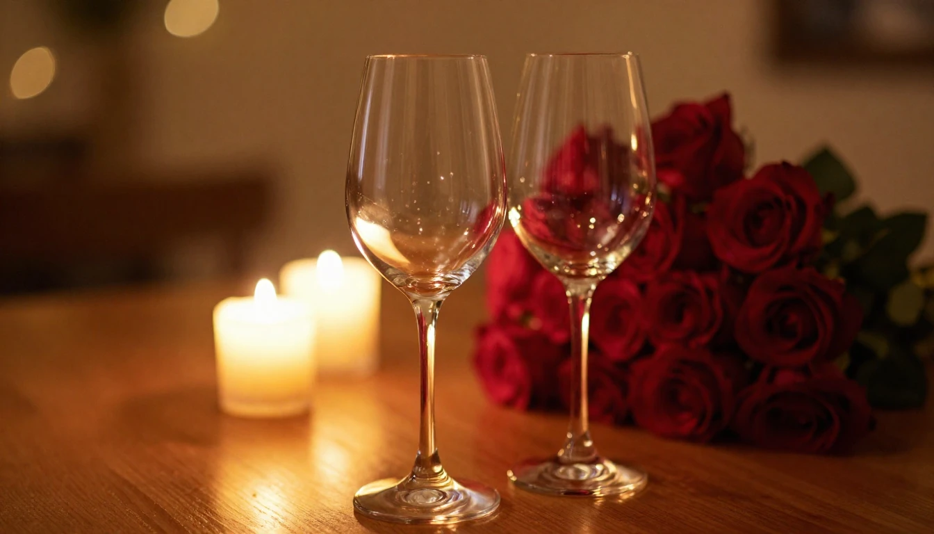 A close-up of two elegant wine glasses on a wooden table, so...