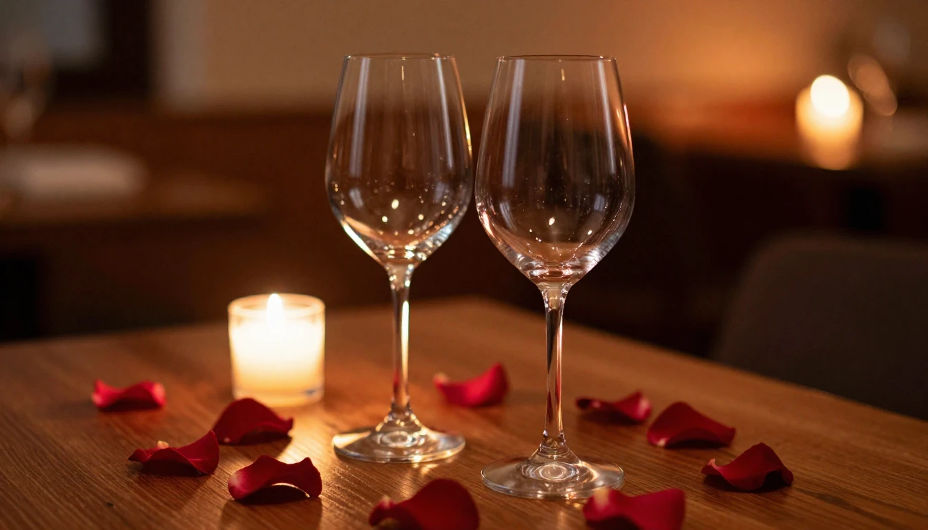 A close-up shot of two elegant wine glasses on a wooden tabl...