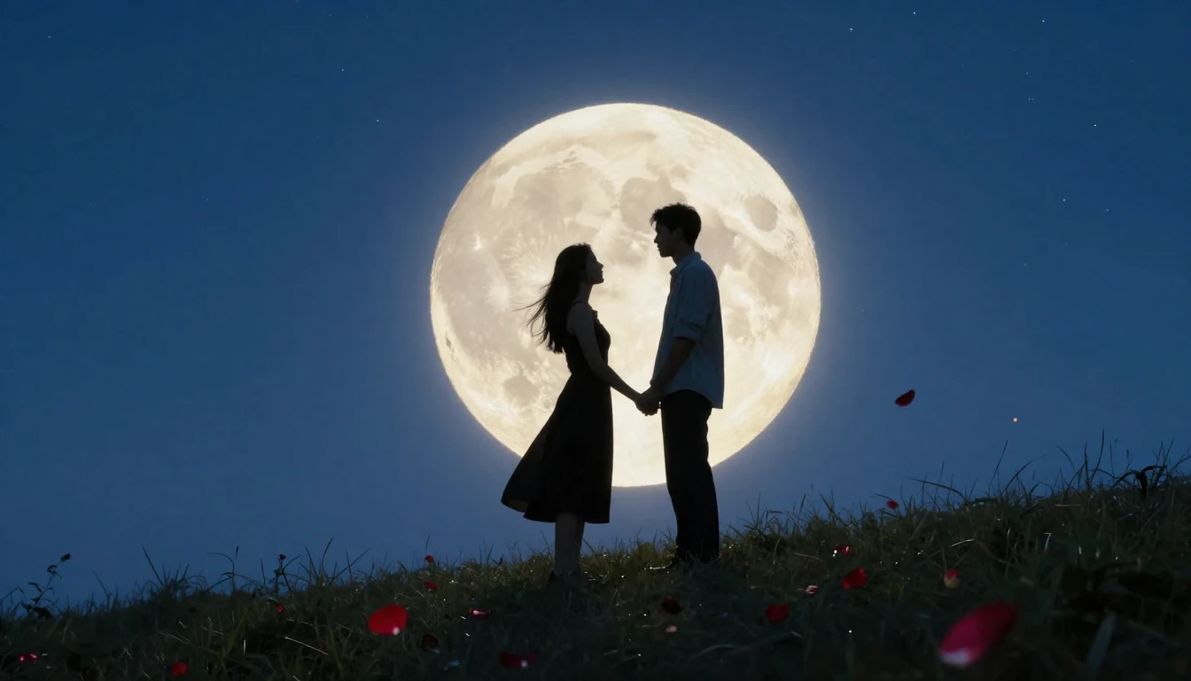 A romantic scene at twilight featuring a couple silhouetted ...